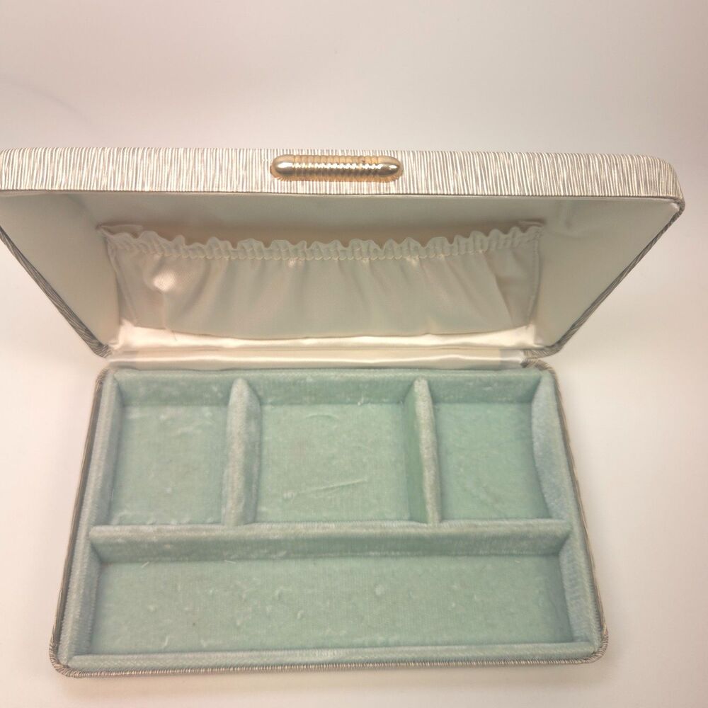 Vintage MCM Clamshell Travel Jewelry Box Silver Blue Velvet Case